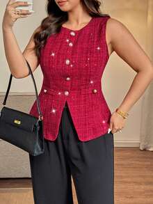 Vionelle 大码优雅通勤情人节串珠上衣红色纽扣连衣裙水钻红色粗花呢连衣裙闪亮粗花呢上衣粗花呢上衣粗花呢两件套 - 紅色 - 查看 6