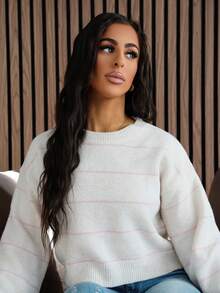 SAYEHFBABY 女式条纹落肩长袖短款休闲套头衫针织套头衫秋冬 - 彩色 - 查看 6