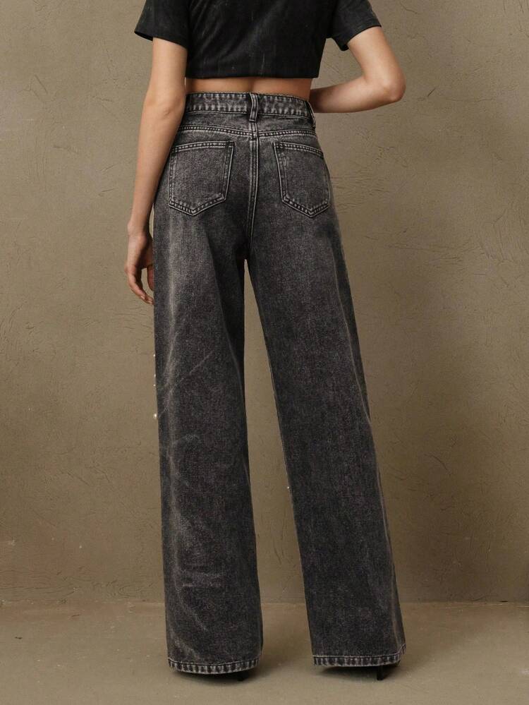 Women's High Waist Fashionable Pearl Embellished Loose Straight Leg Jeans, Suitable For Spring And Valentine's Day