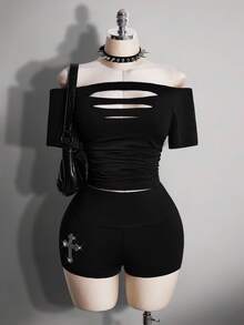 SHEIN ICON Quần short thời trang cạp chun đính đá chéo cỡ lớn cho nữ - màu đen - Xem 3