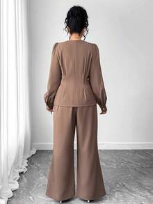 Elenzga Women's Elegant Puff Sleeve Single-Breasted Ruffle Blouse And Flare Pants Graceful 2 Pieces Set - Brown - View 2