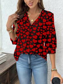 EMERY ROSE 1pc Women Plus Size Black And Red Heart Print V-Neck Long Sleeve Casual T-Shirt,Cute Autumn Blouses,New Year Party Valentine's Day Queen Of Hearts - Multicolor - View 3