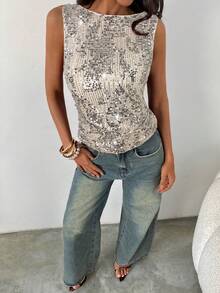 Aloruh 女士亮片装饰无袖圆领修身背心，适合派对、圣诞节、新年等场合 - 銀色 - 查看 5