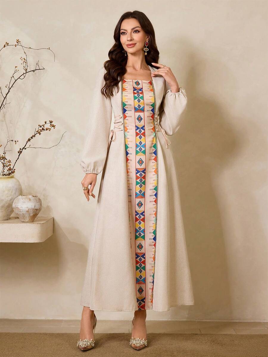 Al Najma New Arrival Spring/Summer Elegant Geometric Print Side Tie Waist Dress For Women, Vacation Style Kaftan Jalabiya Dress - Apricot - View 1