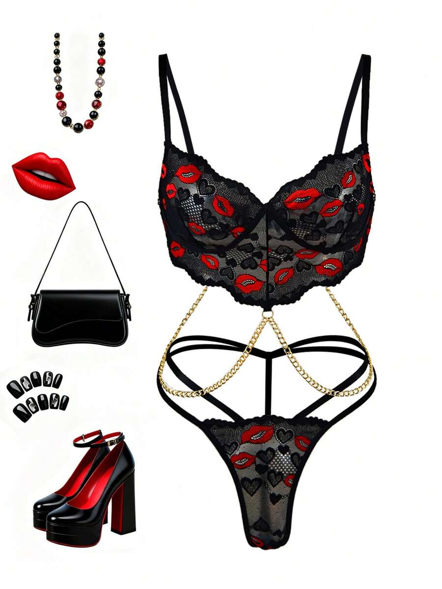 2pcs Women Lips Pattern Lace Chain Sexy Lingerie Set (Wire Free+Briefs), Baddie Look - Black - View 1