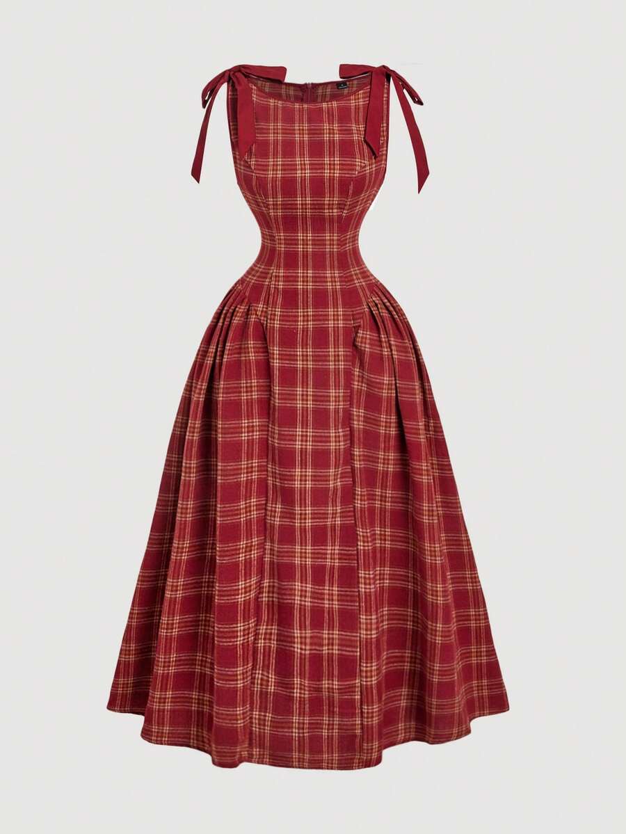 SHEIN MOD 格纹无袖连衣裙，撞色滚边，圆领，腰间蝴蝶结，喇叭形下摆，学院风和老钱风，通勤和办公穿着皆宜，适合返校、派对、约会、复古风、Y2K风格。 - 酒紅色 - 查看 1