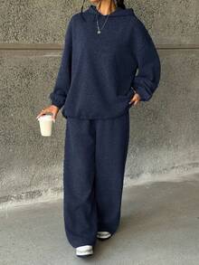 2件套少女海军蓝宽松连帽卫衣+裤子，休闲百搭时尚套装 - 藏蓝色 - 查看 5