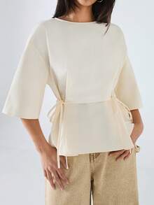 LYSMO 2026 New Arrive Minimalism Spring/Summer Women's Butter Yellow Top Solid Color Round Neck 3/4 Sleeve Side Tie Waist Casual Shirt Casual Outfit For Women Going Out Outfits Streetwear Peplum Top Work Outfits Office Outfits For Women Summer Outfit For Women Blouse With Belt Blouse With Garterized Waist For Women - Light Yellow - View 6