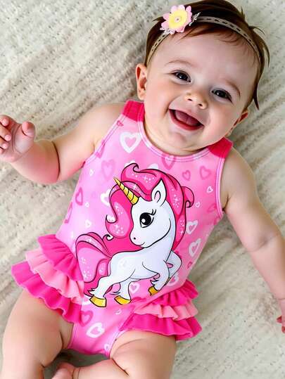 SHEIN 女婴独角兽印花吊带连体泳衣两件套，可爱粉色彩色爱心独角兽女婴泳衣套装，女婴独角兽泳装，独角兽泳衣，女童泳衣套装，适合2岁女童的泳衣，尺码S-2-6个月，2岁女童独角兽泳衣，海马泳衣，婴儿连体泳衣，女婴泳衣，可爱婴儿泳衣，婴儿荷叶边泳衣，婴儿荷叶边泳装，女婴泳衣，独角兽泳衣，女婴独角兽泳装套装