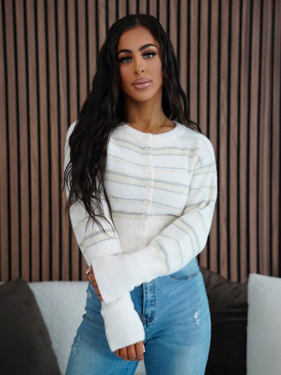 SAYEHFBABY 针织条纹收腰长款短款开衫，秋季舒适可爱休闲，适合咖啡馆、俱乐部、冬季圣诞节、优雅晚宴等场合。 - 彩色 - 查看 1