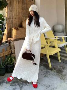 DAZY 女式韩版常规领休闲长袖毛衣和裙子两件套秋冬 - 米色 - 查看 9