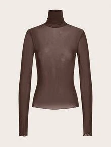 SHEIN Tall 斯德哥尔摩风格，2025女士夏季新款系列，高领毛领上衣，适合春夏穿着，新年女士上衣，网纱长袖透视上衣 - 棕色 - 查看 6