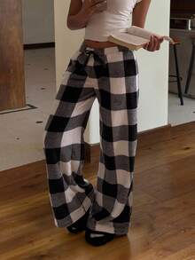CovetEZ 女士系腰蓬松格子印花休闲阔腿宽松裤