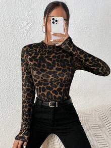 SHEIN Frenchy Women's Dark Brown Leopard Print Graphic Tee,Seksi Chic Fitted Long Sleeve T-Shirt,Autumn Night Out Fashionable Knit Base Layer For Winter & Spring - Brown - View 6