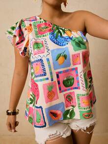 Travachic Camisa sin mangas con estampado de frutas y un solo hombro para tallas grandes - Multicolor - Ver 3