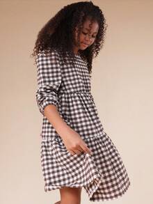 SUMWON 少女长袖泡泡袖格纹层叠迷你连衣裙，高腰设计，后背蝴蝶结系带，适合休闲度假场合。 - 咖啡棕 - 查看 6