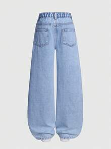 SHEIN ChillGRL 少女时尚刺绣阔腿水洗牛仔裤，春夏秋冬牛仔女童向日葵夏季牛仔裤校园Y2K少女90年代儿童女孩90年代少女Y2K印花花朵牛仔裤阔腿牛仔裤女孩宽松牛仔裤青少年女孩牛仔裤刺绣Y2K牛仔裤女孩 - 藍色 - 查看 2