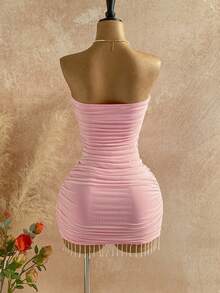 SHEIN x Eduarda Gutierrez Soleia Spring/Summer New Casual Vacation Western Beach Wedding Guest Attire Graduation Brunch Wear St. Patrick's Day Spring Break Easter Music Festival Elegant Boho Tropical Chic Party Valentine's Day Pink Mesh Backless V-Neck Ruched Beaded Tassel Mini Dress For Women