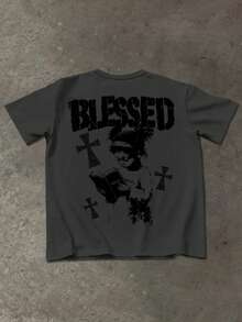 Manfinity EMRG 男士休闲十字字母印花短袖T恤，夏季款 - 深灰色 - 查看 4