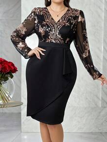 Modelyn Robe vintage élégante à manches longues avec croisement et enveloppement sur les épaules, grande taille - Multicolore - Voir 1