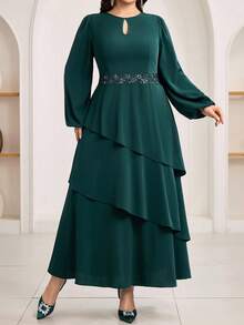 Modelyn Đầm dài tay cổ tròn tối giản màu trơn cỡ lớn - Màu xanh lá cây đậm - Xem 3