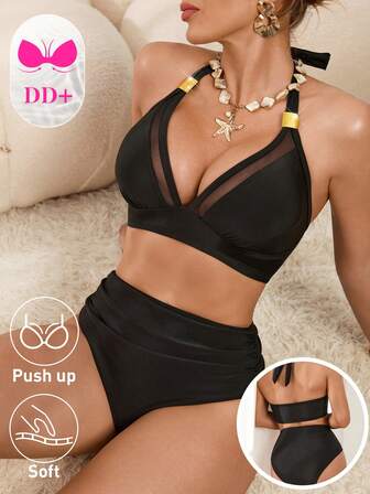 Swim DD+ Svart baddräktsset med mesh-mönster för kvinnor