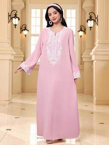 SHEIN Ramadan New Loose Casual Crew Neck Pattern Long Sleeve Robe For Teen Girls, Pink Robe, Traditional Arabic Clothing, Kaftan, Jalabiya, Abaya Robe, Ramadan, Matching Sister, Mother-Daughter - Pink - View 7