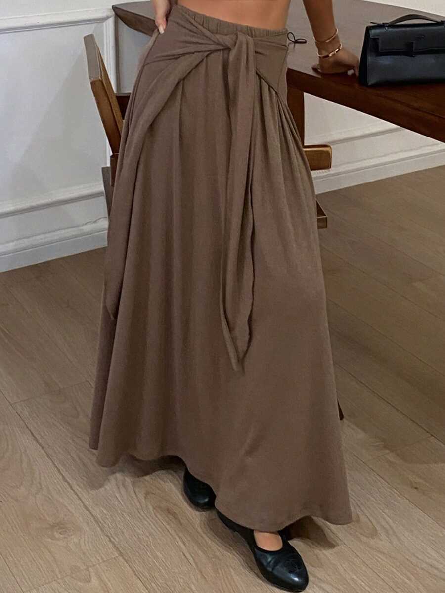 Livesso Loose Waist Drawstring Tie Knot Decor A-Line Skirt, Casual Business Vacation Street Style, Autumn/Spring - Brown - View 1