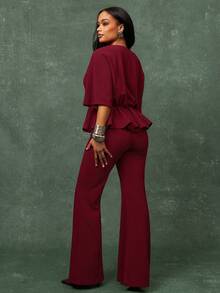 Vixey Bordeaux-rote, elastische, strukturierte Hose mit hoher Taille und weitem Bein für das Büro - Bordeaux - Übersicht 4