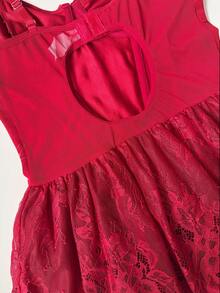 SHEIN 4pcs Set: Sexy Lace Ribbon Bow Spaghetti Strap Puff Skirt & Fishnet Stockings - Burgundy - View 4