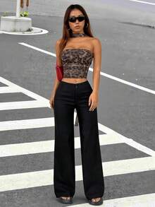 SHEIN EZwear 女士純色休閒低腰直筒褲，萬能款 - 黑色 - 查看 6