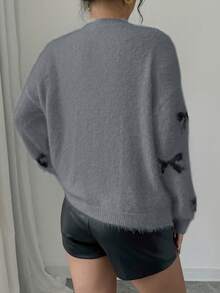Selianne 新款仿毛领蝴蝶结针织毛衣，时尚设计长袖套头衫，女士款 - 灰色 - 查看 2