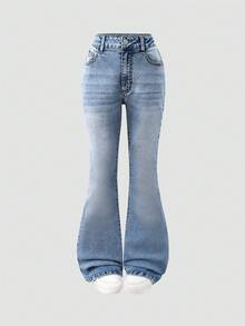 SHEIN 情人节少女牛仔裤，Y2K风格喇叭裤，中蓝色水洗，舒适纯棉，百搭休闲、上学、户外、派对、返校季皆宜，新品上市 - 中等水洗藍 - 查看 6