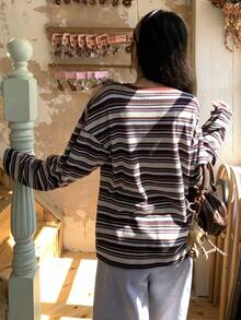 DAZY Autumn New Striped Women Round Neck Drop Shoulder Long Sleeve Casual T-Shirt - Burgundy - View 2