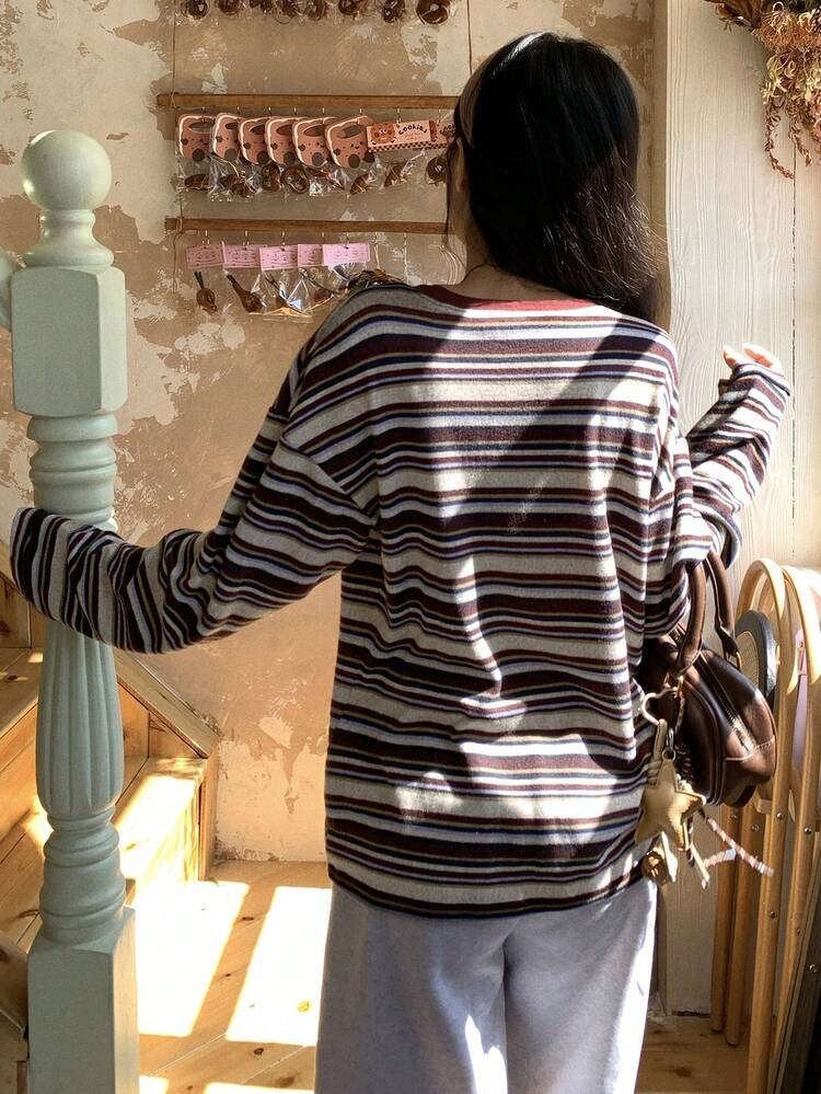 Autumn New Striped Women Round Neck Drop Shoulder Long Sleeve Casual T-Shirt