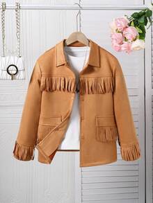 SHEIN Tween Girls Fringe Decor Solid Long Sleeve Fashionable Jacket - Khaki - View 1