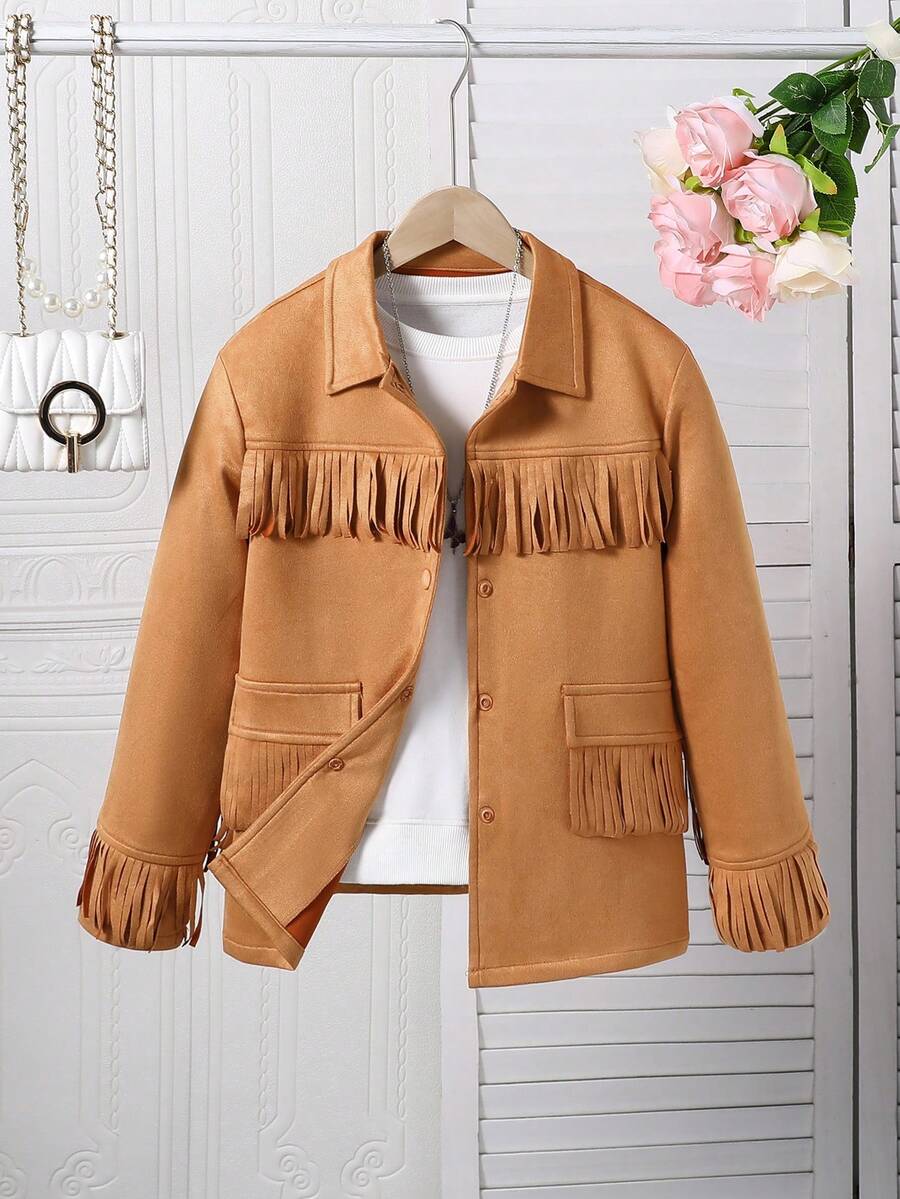 SHEIN Tween Girls Fringe Decor Solid Long Sleeve Fashionable Jacket - Khaki - View 1