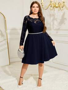 SHEIN Clasi Vestido de otoño de talla grande en verde oliva con parches de encaje en corte evasé, adecuado para fiestas/carnavales - Azul - Ver 3