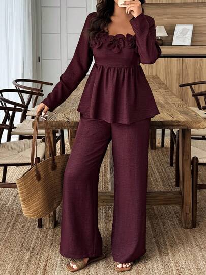 Elenzga 2pcs Plus Size Women Floral Decor Square Neck Ruffle Hem Pants Set, Autumn/Winter