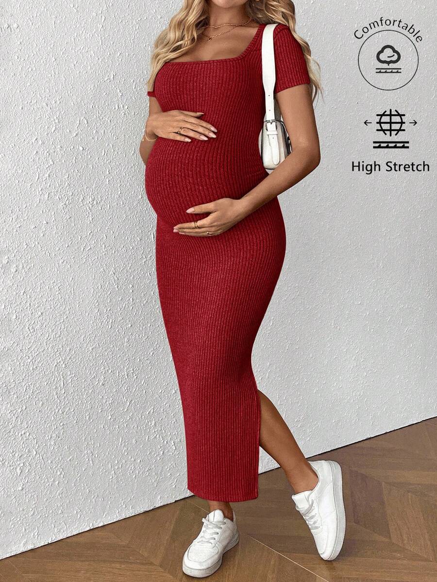 SHEIN Maternity Solid Color Square Neck Short Sleeve Ribbed Side Slit Hem Fitted Casual Dress - Red - View 1