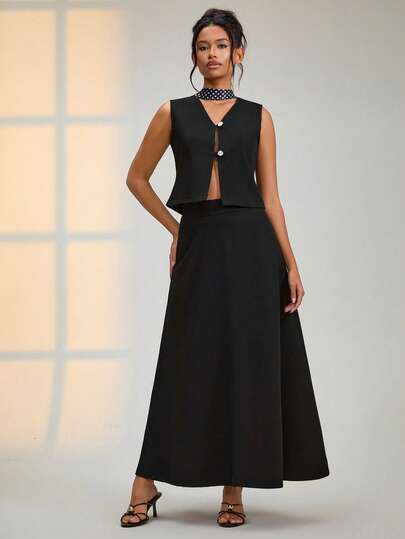 EURMUSE Kvinnors enfärgade guldknappsdetaljerade väst och kjol i två delar