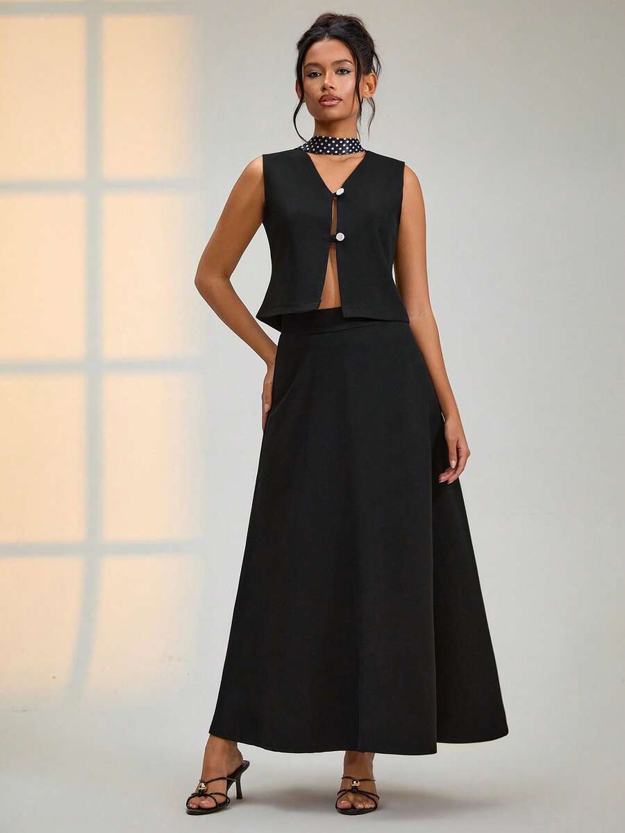 EURMUSE 女士纯色金色纽扣细节背心和裙子两件套 - 黑色 - 查看 1