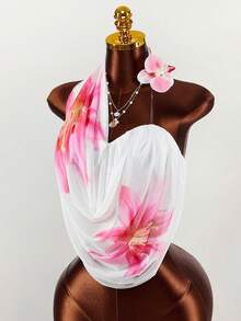 Amplova Áo cánh cổ xếp ly in hoa 3D cho nữ, thời trang và đa năng khi mặc dự tiệc - trắng - Xem 4