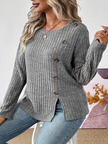 EMERY ROSE Áo thun tay dài cổ tròn cài nút thời trang mới dành cho nữ cỡ lớn - Xám - Xem 1