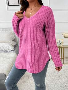 Vionelle Áo thun tay dài viền cong cỡ lớn, mùa thu - Màu hồng gỉ - Xem 4