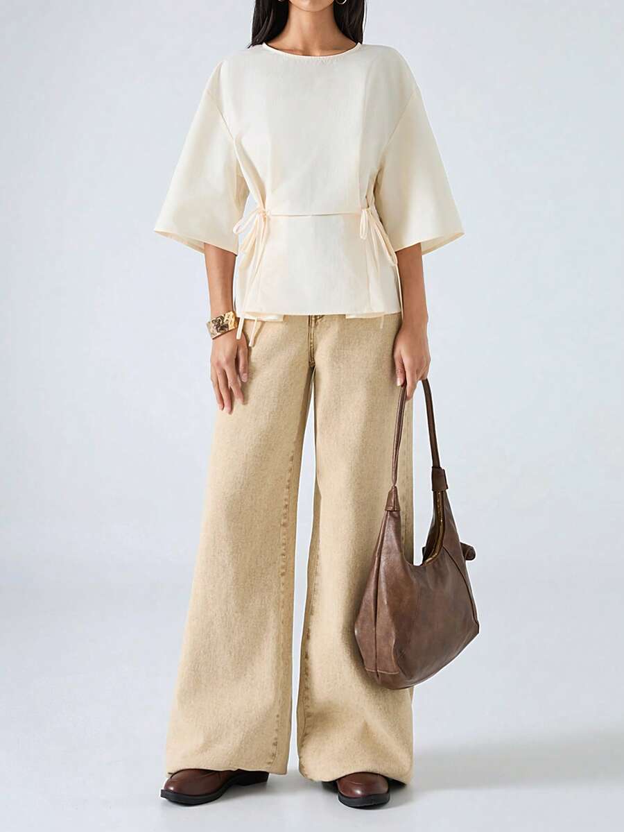 LYSMO 2026 New Arrive Minimalism Spring/Summer Women's Butter Yellow Top Solid Color Round Neck 3/4 Sleeve Side Tie Waist Casual Shirt Casual Outfit For Women Going Out Outfits Streetwear Peplum Top Work Outfits Office Outfits For Women Summer Outfit For Women Blouse With Belt Blouse With Garterized Waist For Women - Light Yellow - View 1