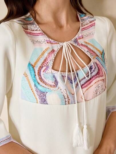 Al Najma Vestido elegante de mujer con estampado y patchwork de estilo árabe