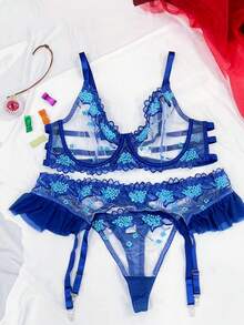 SHEIN 3件套大码蕾丝刺绣内衣套装带钢圈（不含吊袜带） - 藍色 - 查看 2