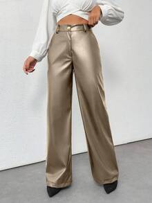 EURMUSE Prive Gold Button Detailed Straight Fit Leather Pant - Mocha Brown - View 6