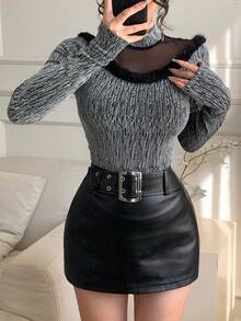 DAZY Women's Mesh Patchwork Stand Collar Long Sleeve Furry Decor Fitted Fashion T-Shirt - Black - View 5